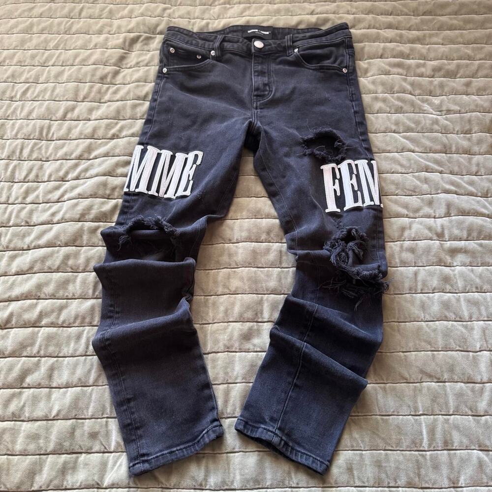 Homme Femme Black Distressed Letterman Skinny Jeans Size 32